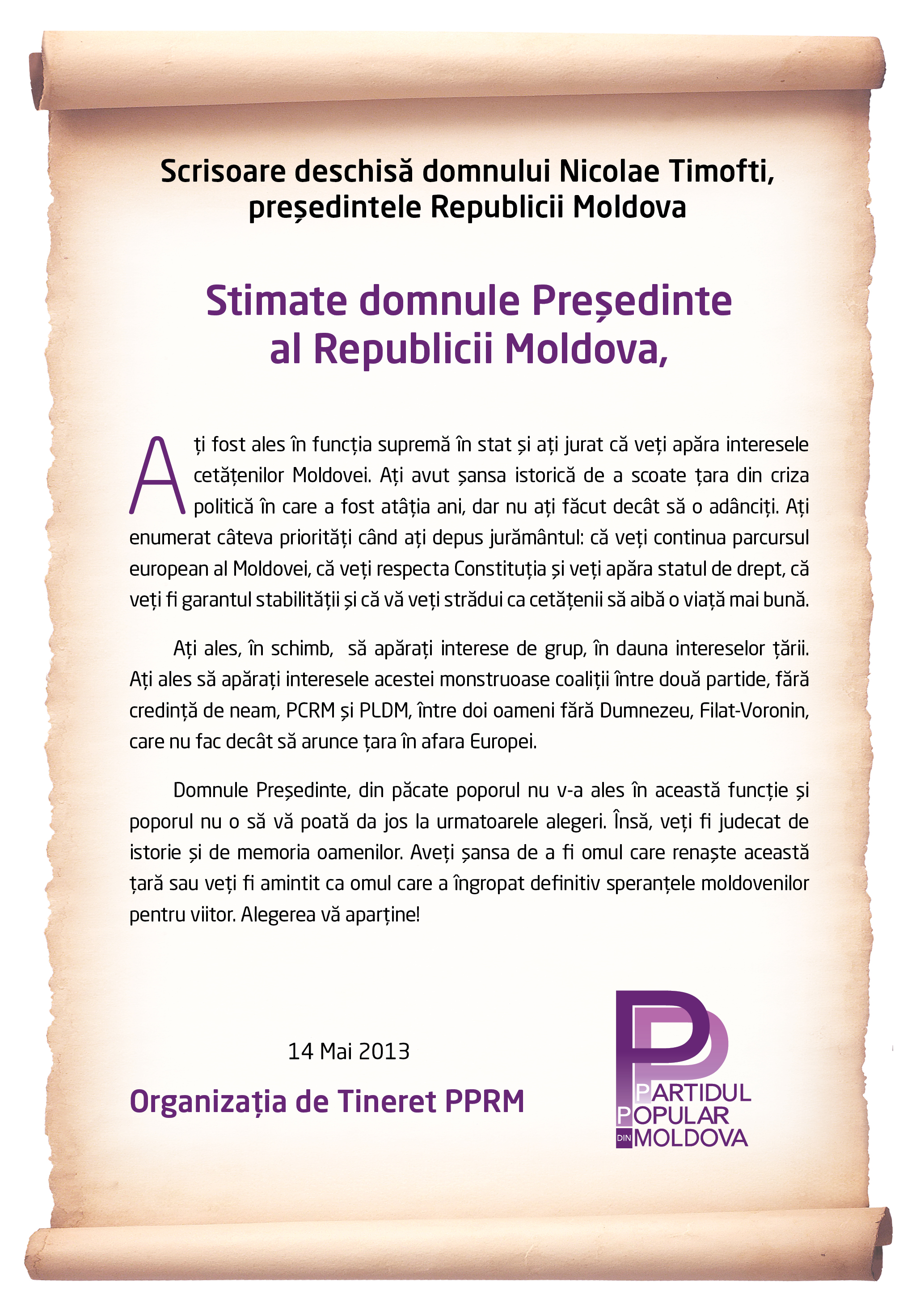 Scrisoare deschisă Președintelui Republicii Moldova, Nicolae Timofti, din partea Organizației de Tineret PPRM
